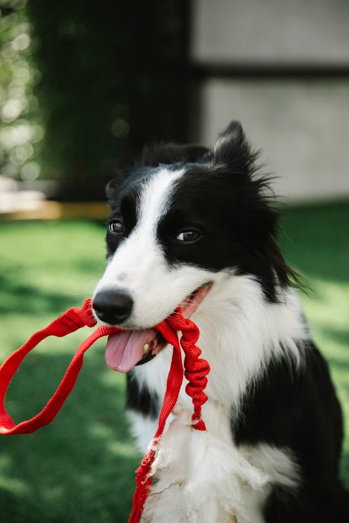 about-01 Cute Border Collie dog with white spots and red leash in mouth sitting on grassy lawn in countryside on blurred background